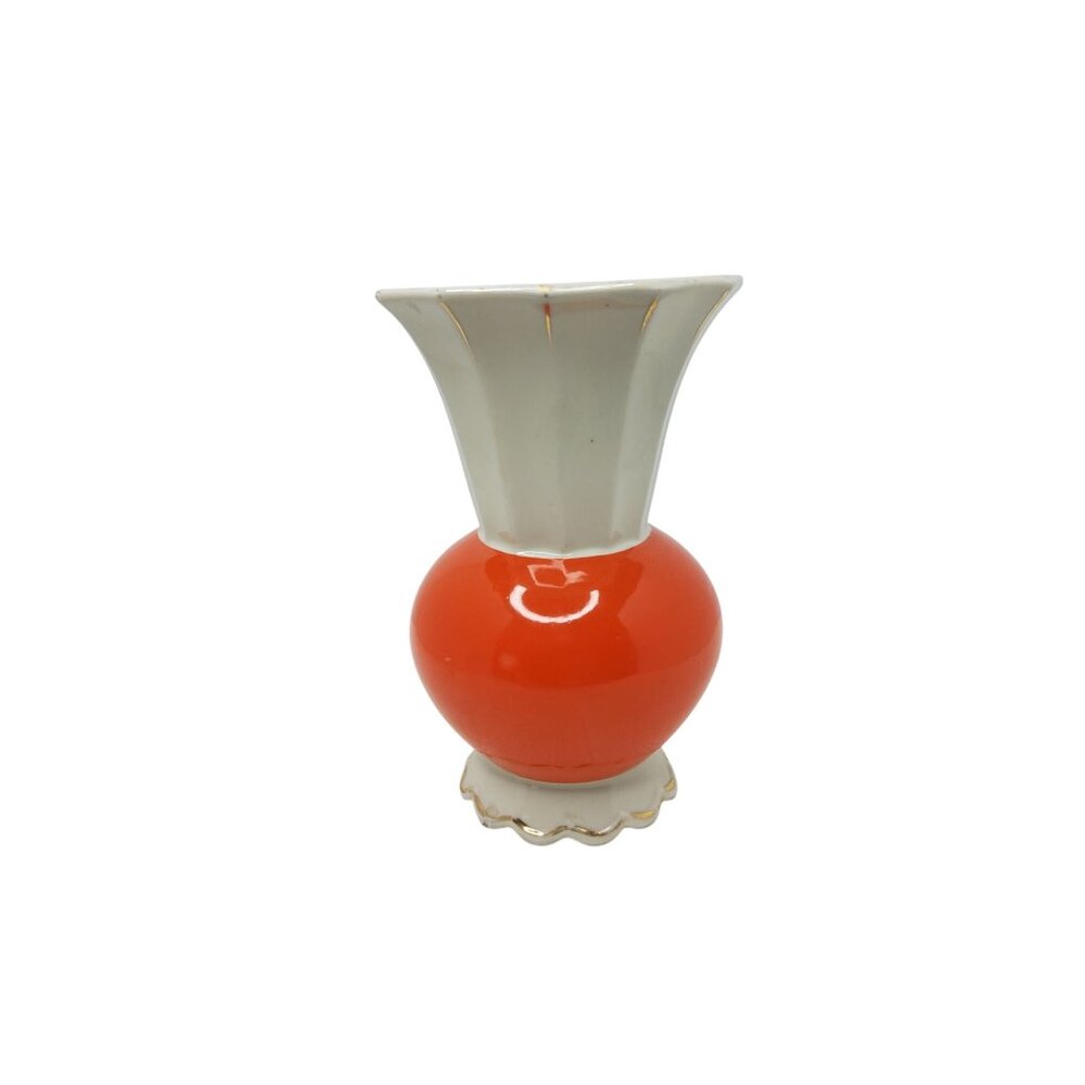 Vintage Thuringen Orange & White Fluted Ceramic Vase With Gold Accents